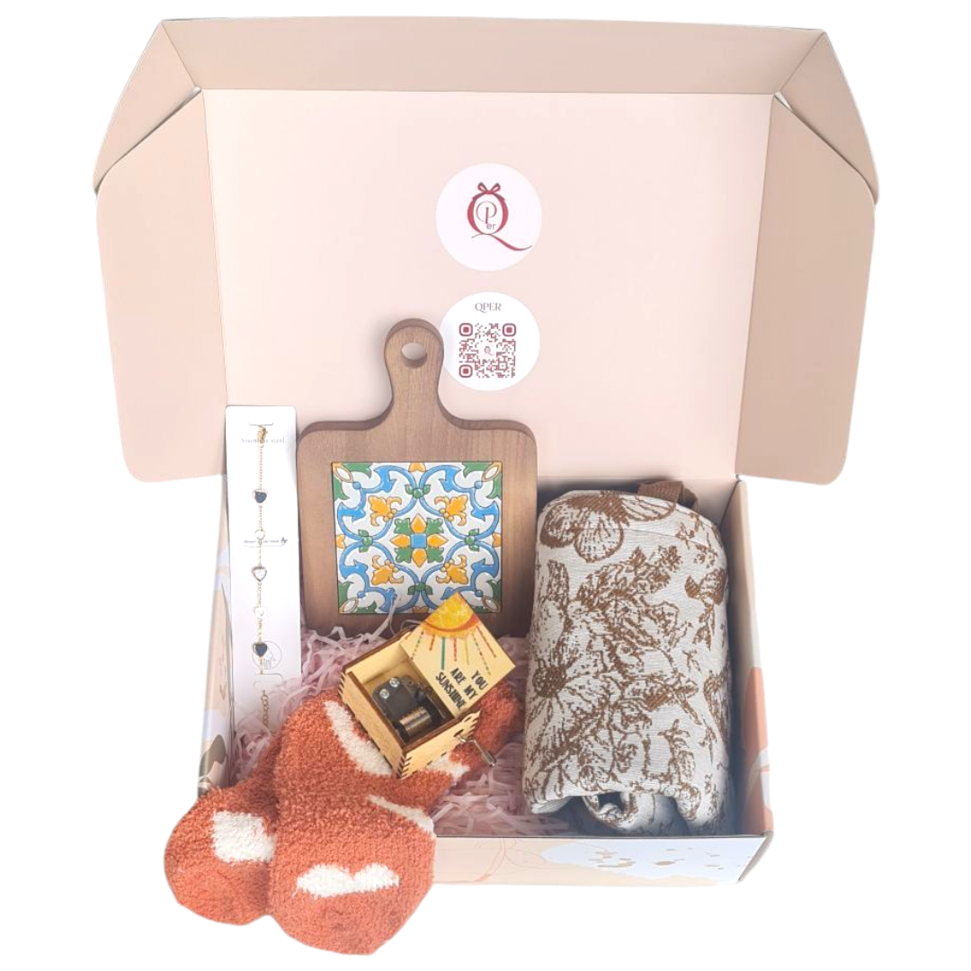 Keepsake gift box includes music box, tote bag, wood tray, cozy heart socks with rustic theme