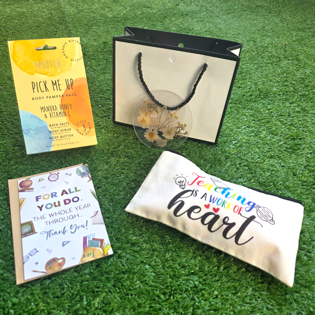 Teachers gift bundle with relaxation pack and thank you card with teachers zipper bag